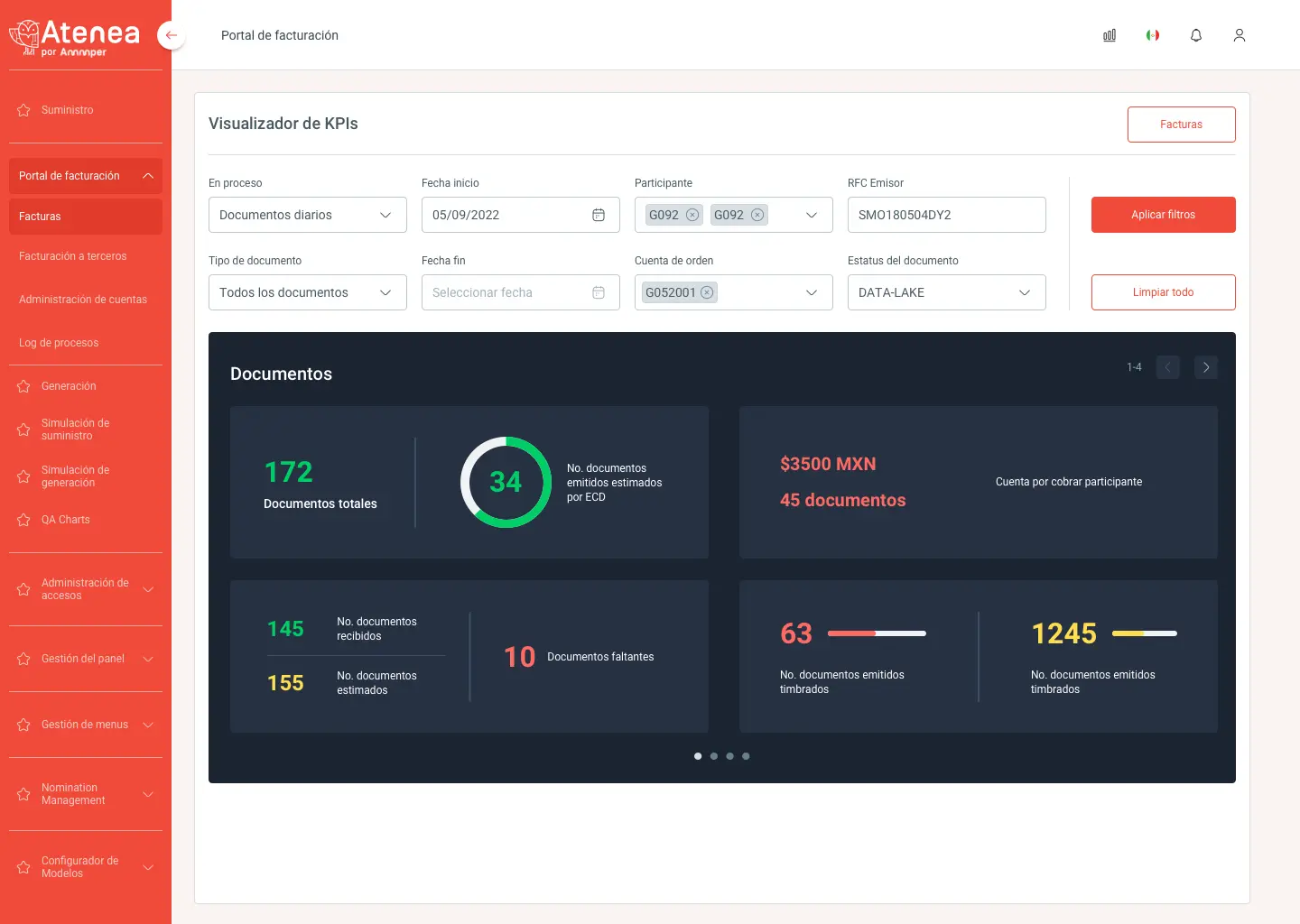 Pantalla donde se visualizan los Kpis de las facturas correspondientes.