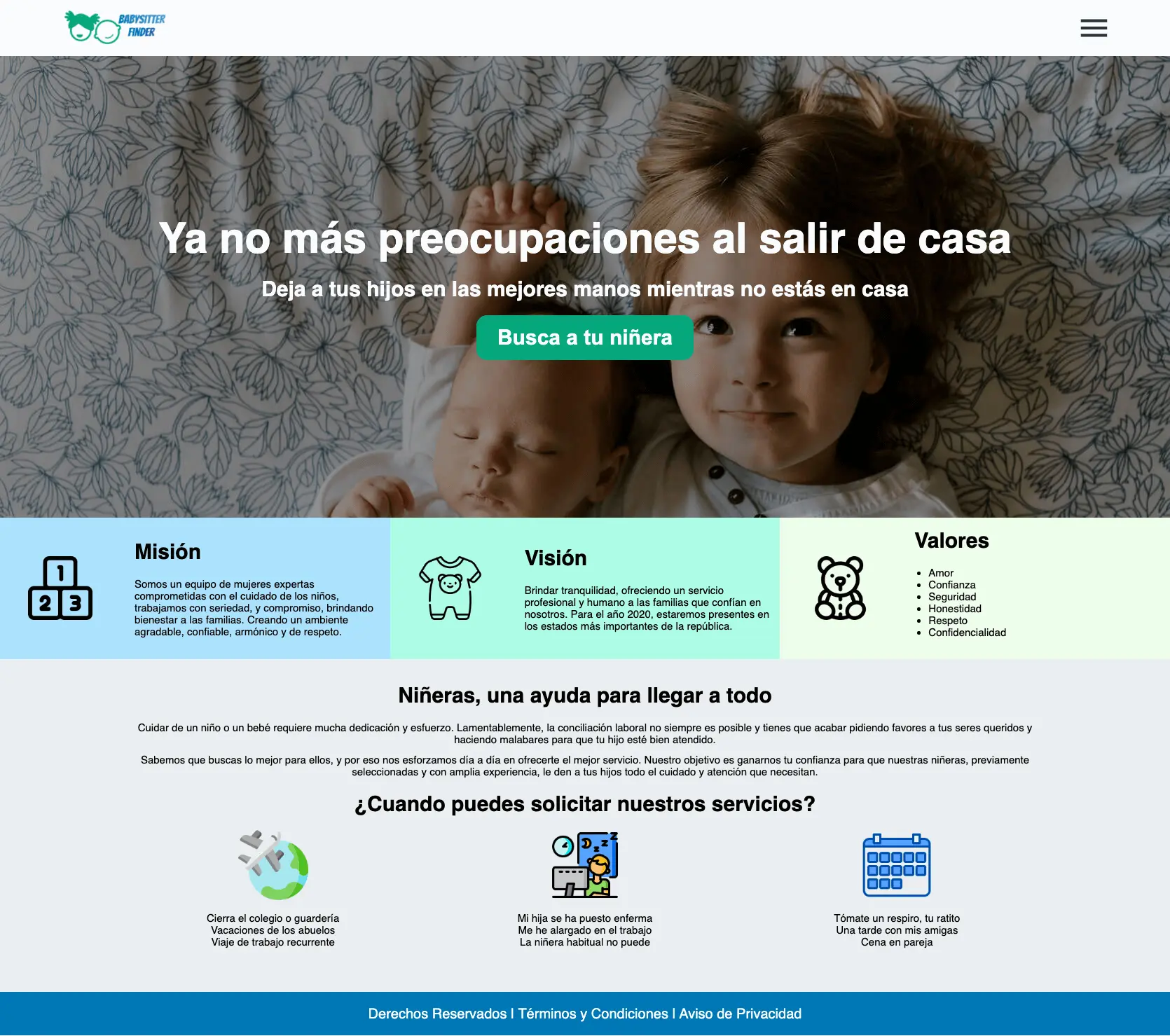 Imagen de la pantalla principal del sitio web de babysitter